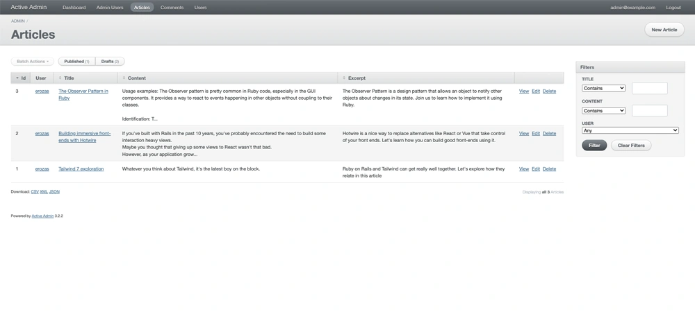 An article index view for the Active Admin library. It shows a navigation bar on the top and a table showing a list of articles with a filter sidebar.