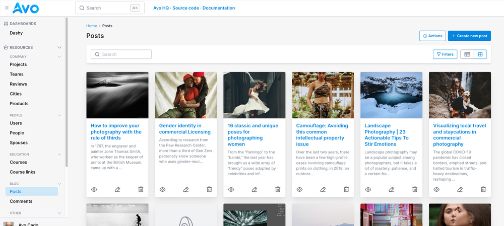 The demo page for the Avo Articles page. It showcases a neat grid view for a list of articles.