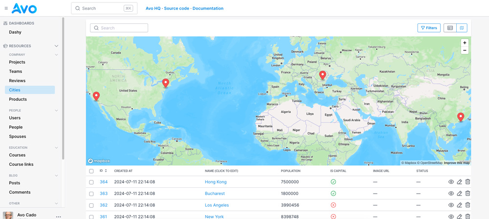 Screenshot of Avo's demo application showing the cities index. It showcases a list of cities with name, population, capital status and some admin actions. On top of them, there'sa Mapbox instance showing their pinned locations